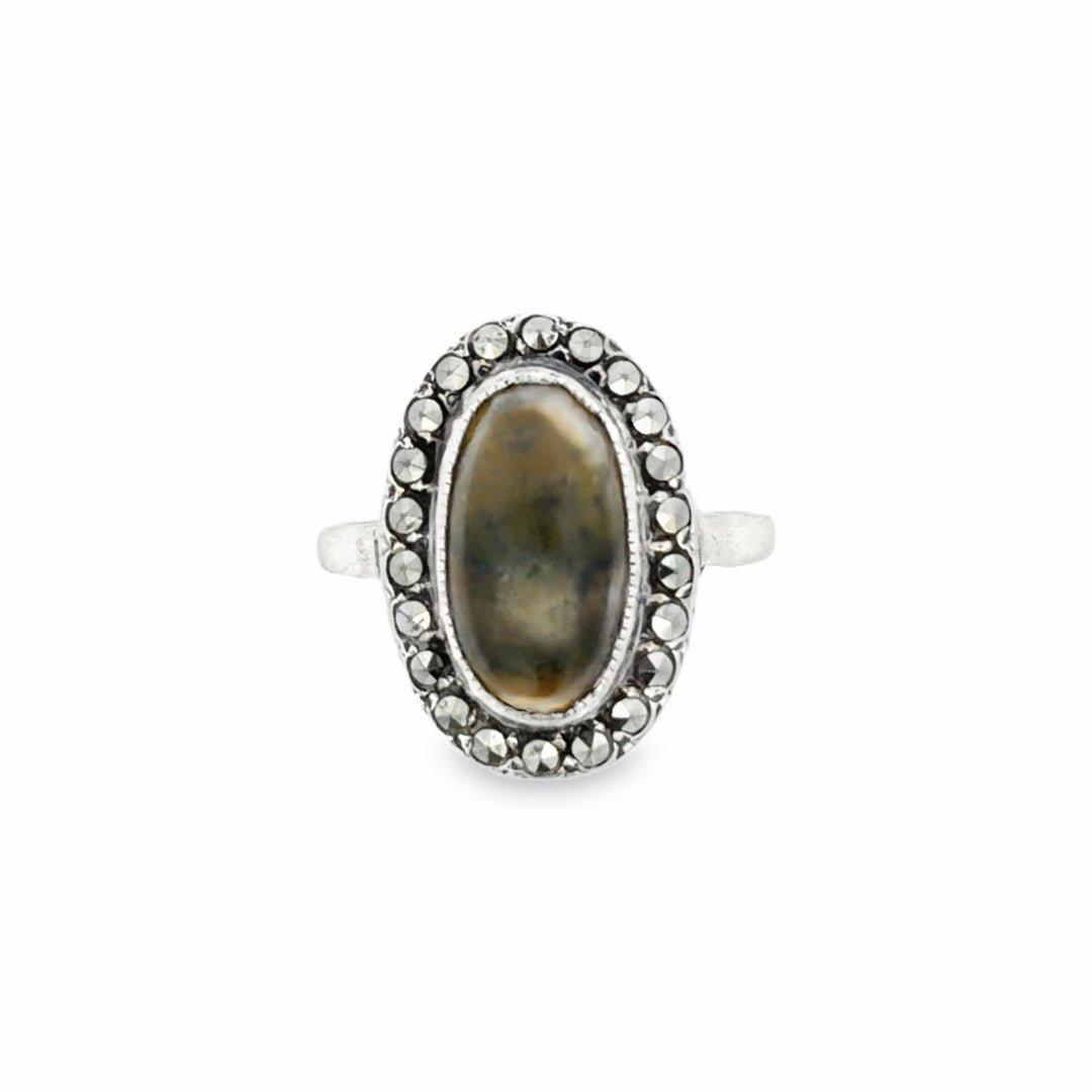 Estate Sterling Silver Oval Connemara Marble & Marcasite Halo Ring