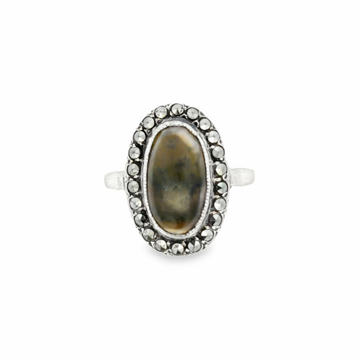 Estate Sterling Silver Oval Connemara Marble & Marcasite Halo Ring