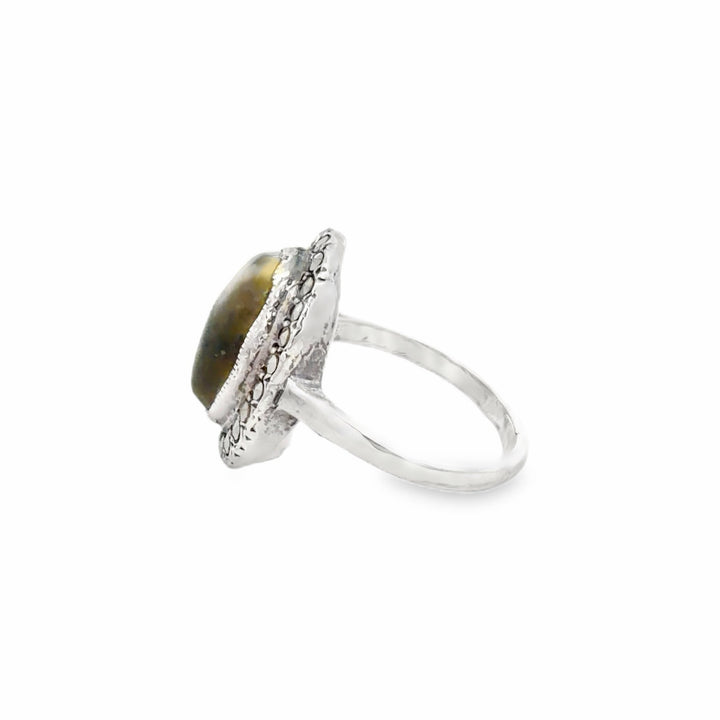 Estate Sterling Silver Oval Connemara Marble & Marcasite Halo Ring