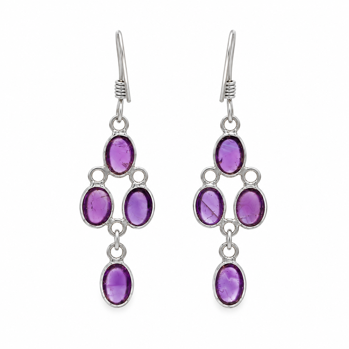 Estate Sterling Silver 4.40CTW Oval Amethyst Cluster Drop Earrings