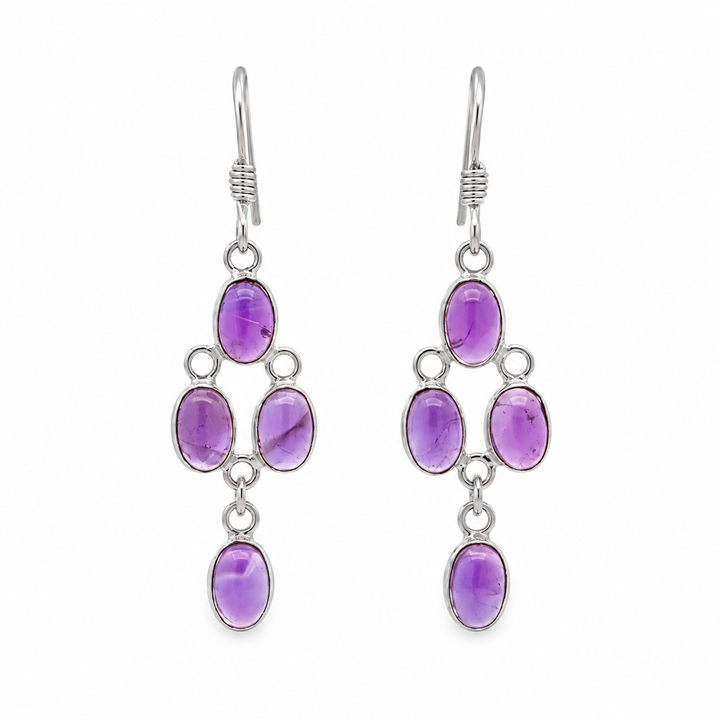 Estate Sterling Silver 4.40CTW Oval Amethyst Cluster Drop Earrings