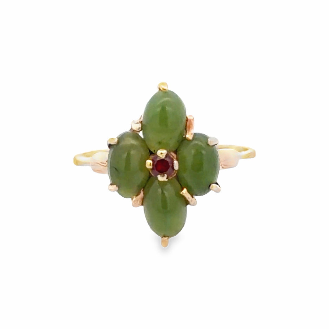 Estate 10K Yellow Gold 0.93CTW Nephrite Jade & Garnet Floral Ring