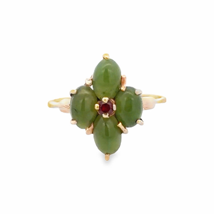 Estate 10K Yellow Gold 0.93CTW Nephrite Jade & Garnet Floral Ring