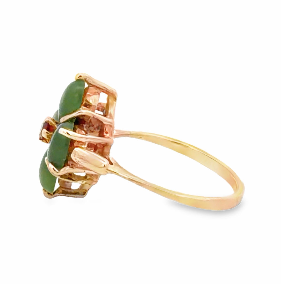 Estate 10K Yellow Gold 0.93CTW Nephrite Jade & Garnet Floral Ring
