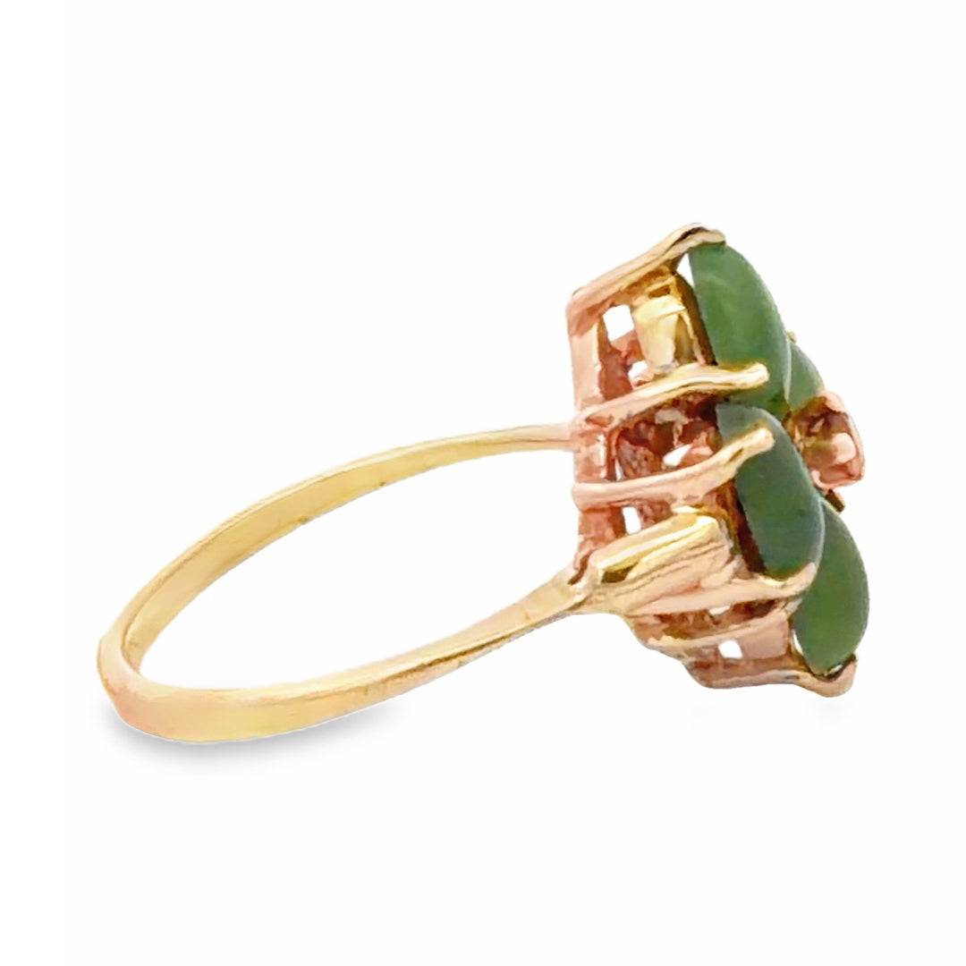 Estate 10K Yellow Gold 0.93CTW Nephrite Jade & Garnet Floral Ring