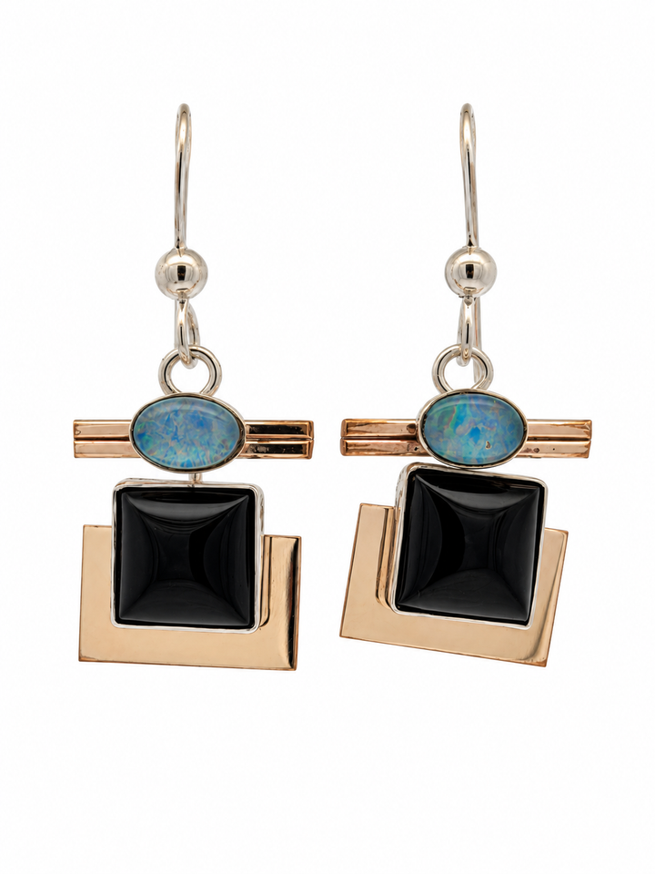Estate Opal Doublet Black Onyx Drop Earrings