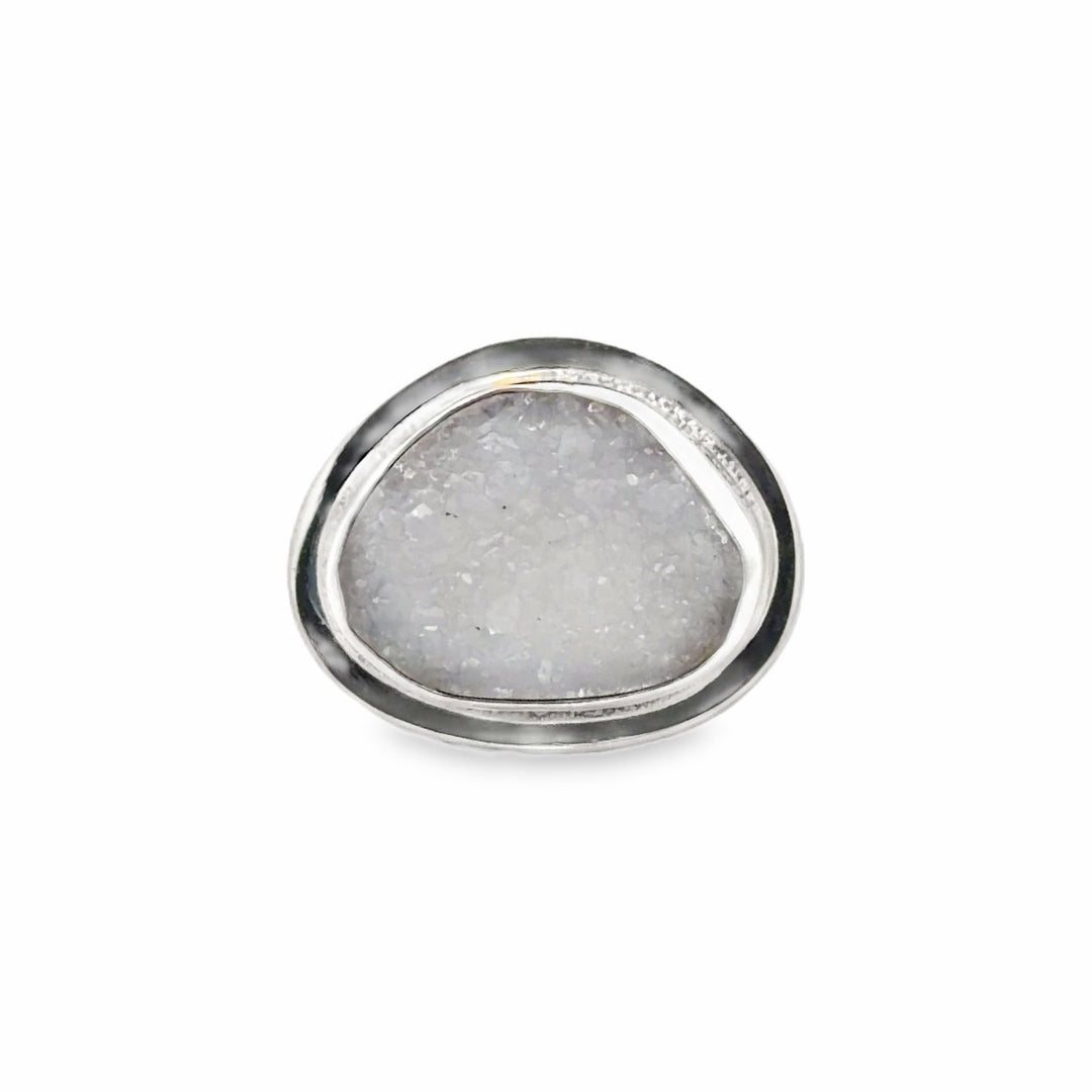 Estate Sterling Silver White Quartz Druzy Solitaire Ring
