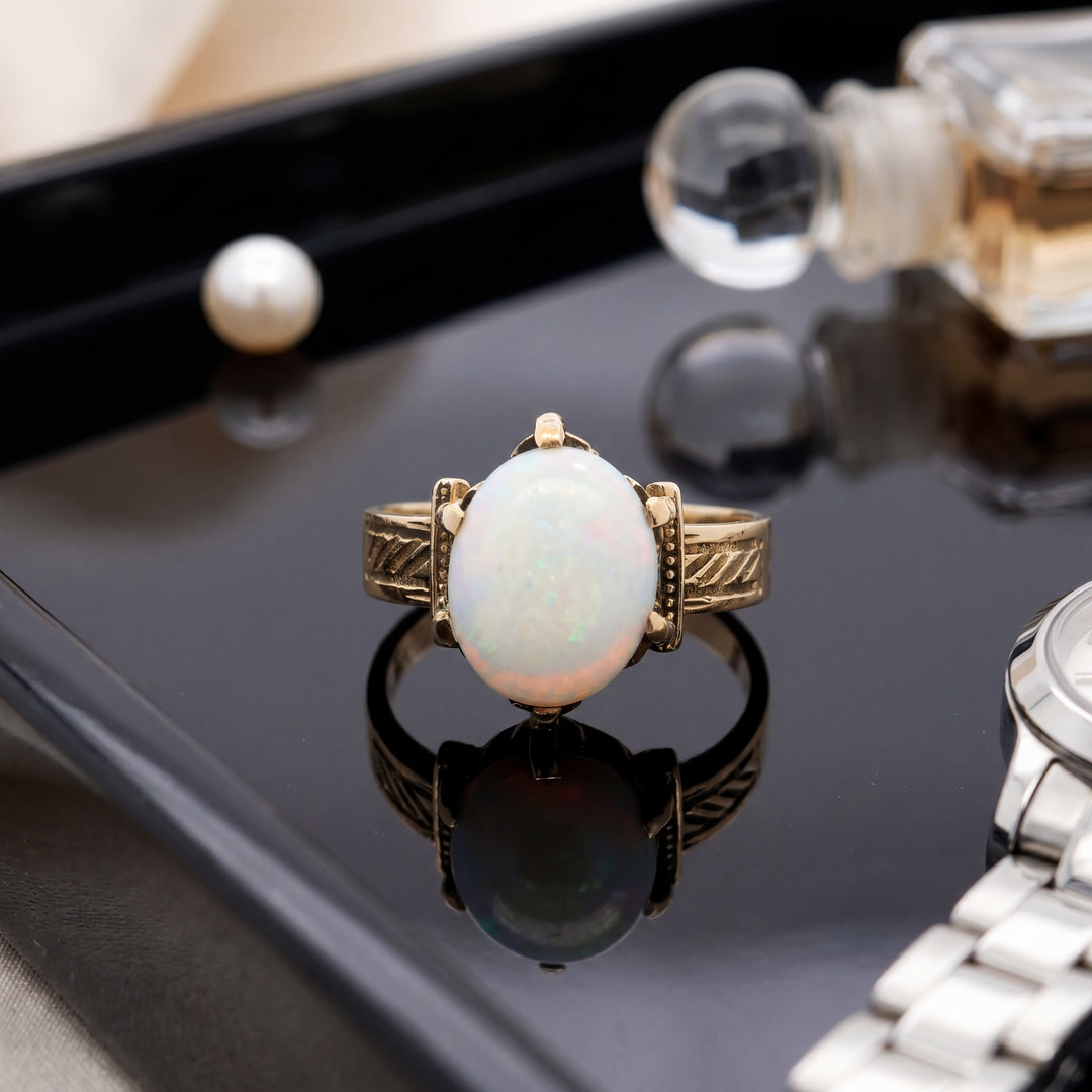 Estate 14KT Yellow Gold Oval Cabochon Opal Solitaire Ring, Size 6.5, Victorian