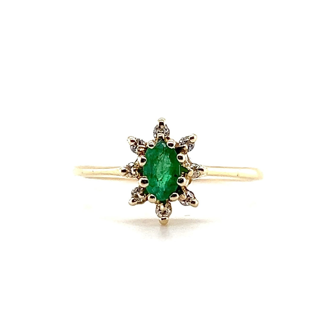 Estate 14K Yellow Gold 0.42CTW Vintage Oval Emerald & Diamond Halo Ring