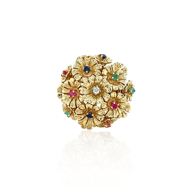 Estate 18K Yellow Gold Blue Sapphire, Ruby, Emerald & Diamond Flower Ring