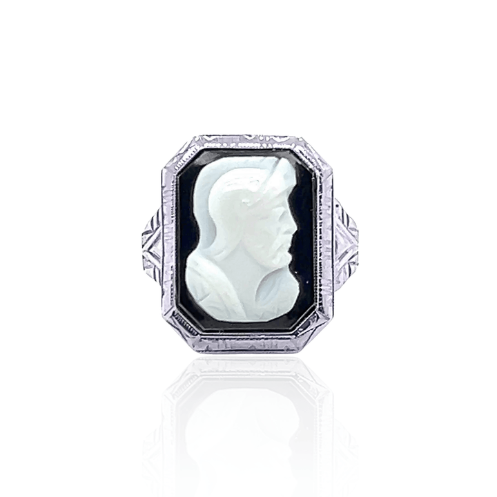 Estate 10K White Gold Carved Onyx Cameo Art Deco Ring