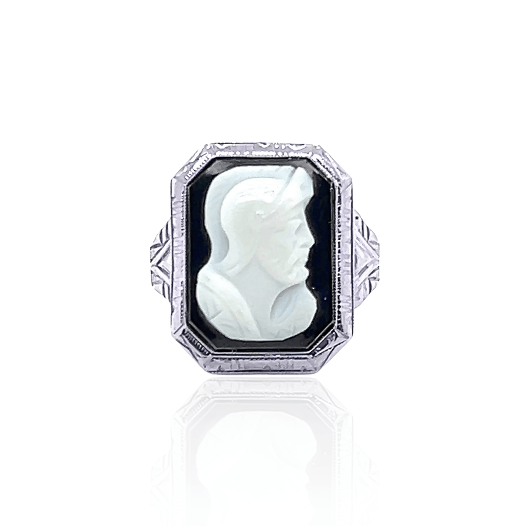 Estate 10K White Gold Carved Onyx Cameo Art Deco Ring