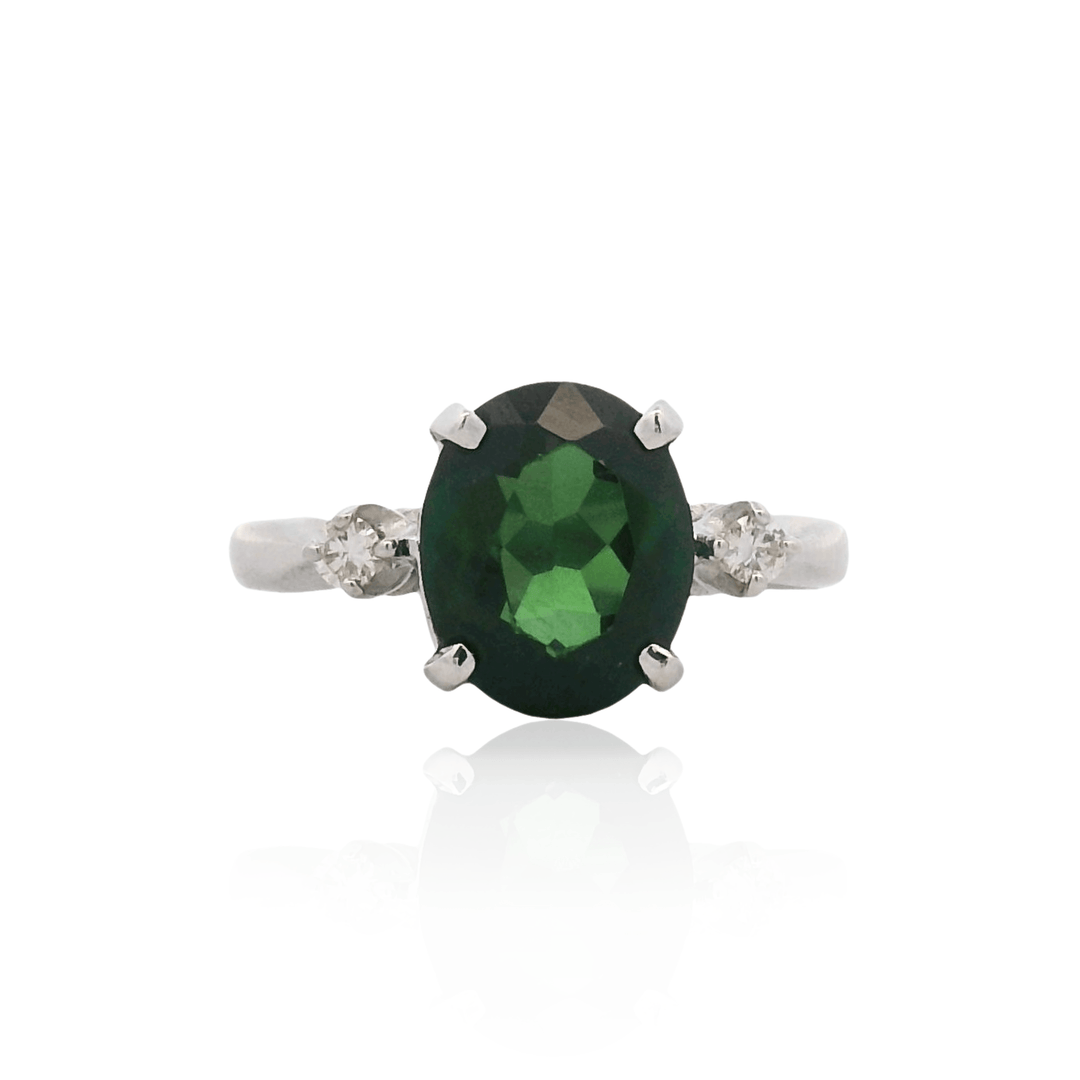 Estate 14K White Gold Oval Green Tourmaline and Diamond Ring - AS-IS