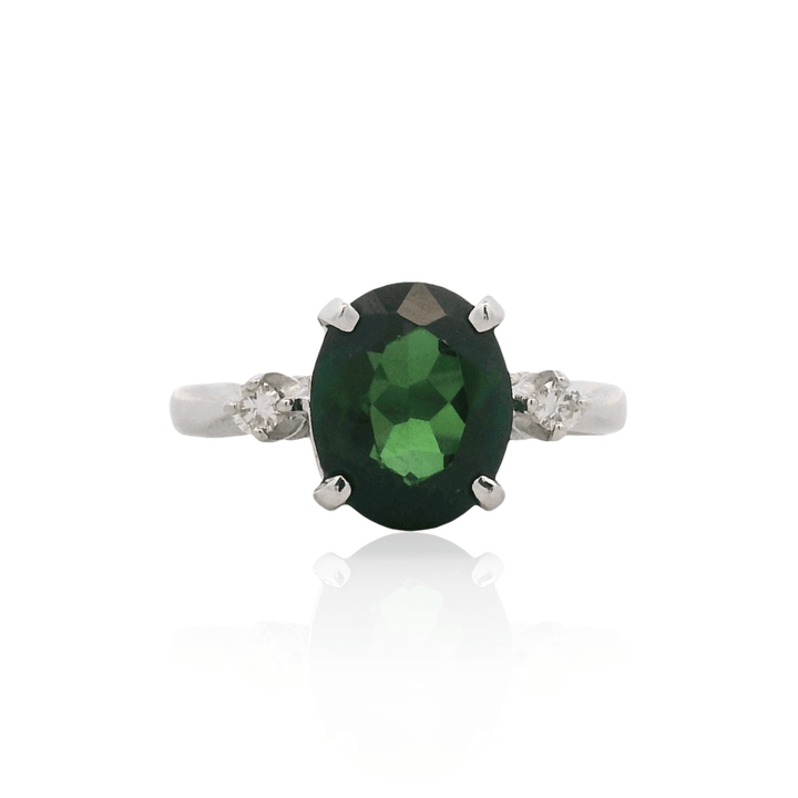 Estate 14K White Gold Oval Green Tourmaline and Diamond Ring - AS-IS