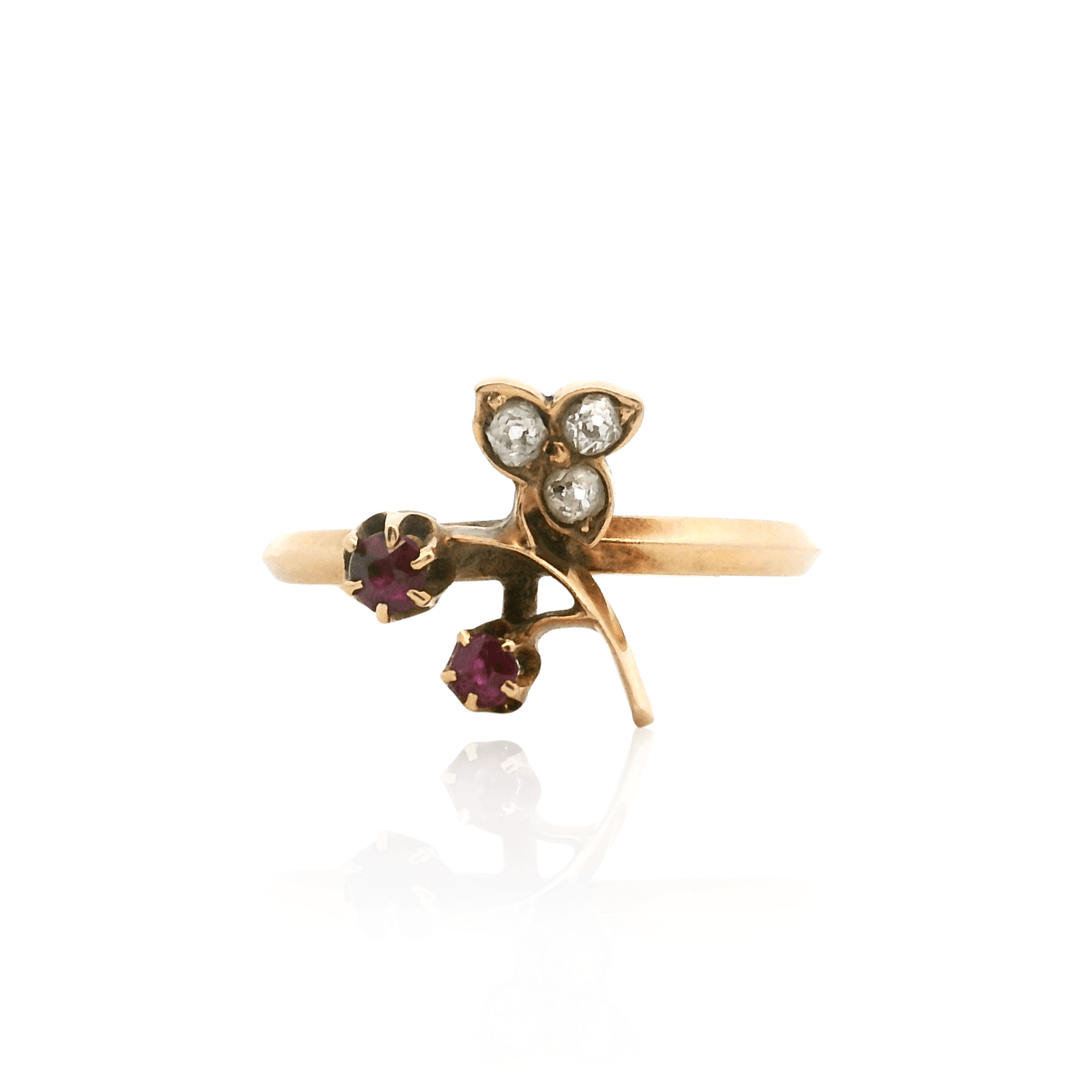 Estate 14K Yellow Gold 0.21CTW Rose-Cut Diamond & Ruby Flower Ring