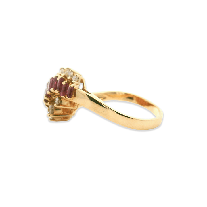 Estate 14K Yellow Gold Baguette Synthetic Ruby & Diamond Wave Ring