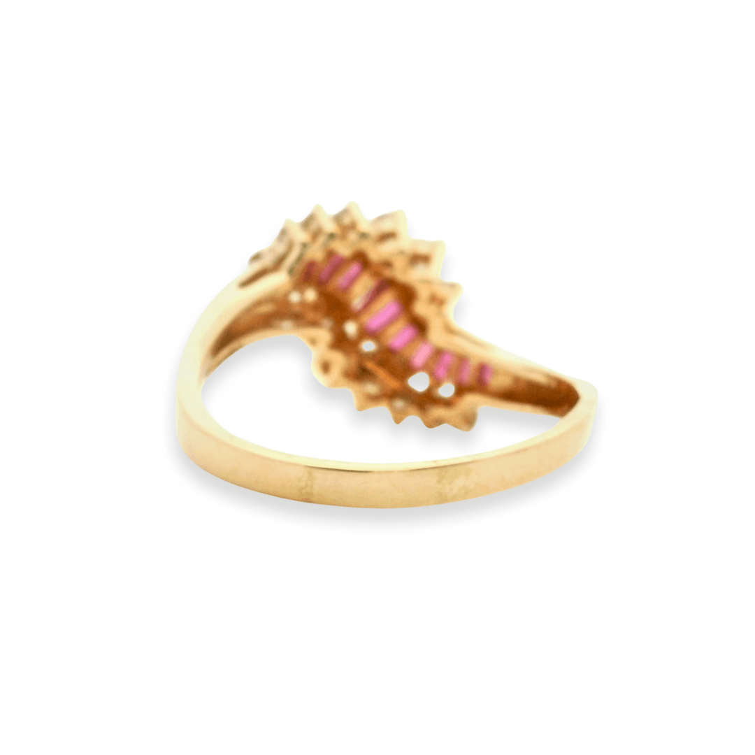 Estate 14K Yellow Gold Baguette Synthetic Ruby & Diamond Wave Ring