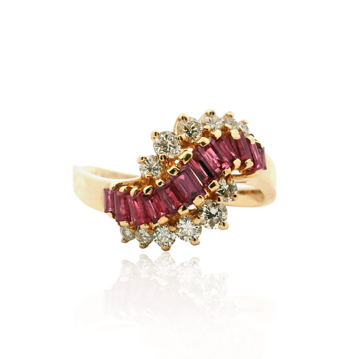 Estate 14K Yellow Gold Baguette Synthetic Ruby & Diamond Wave Ring