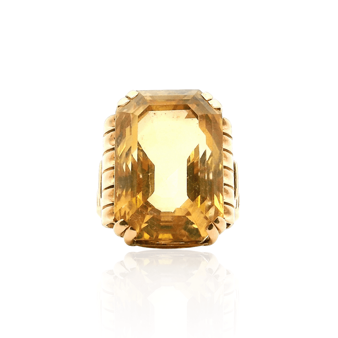 Estate 14K Yellow Gold 21.63 CT Emerald-Cut Citrine Solitaire Vintage Ring