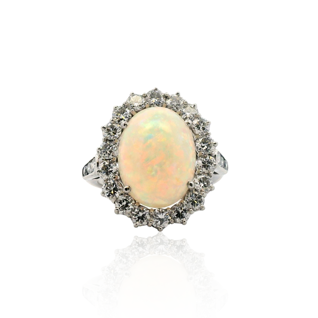Estate Platinum 1.50CTW Opal & Diamond Halo Vintage Ring