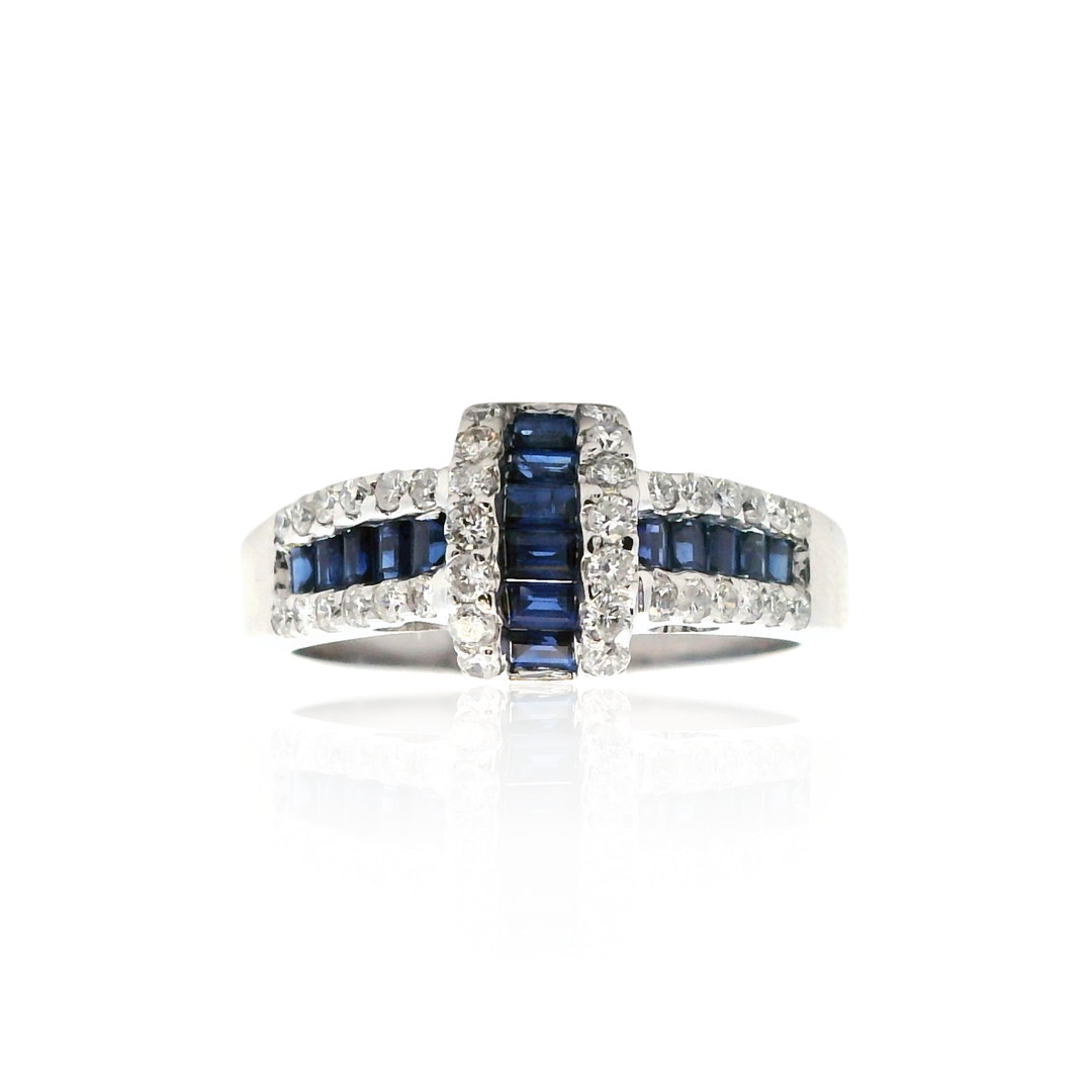 Estate 18K White Gold Baguette Blue Sapphire and Diamond Ring