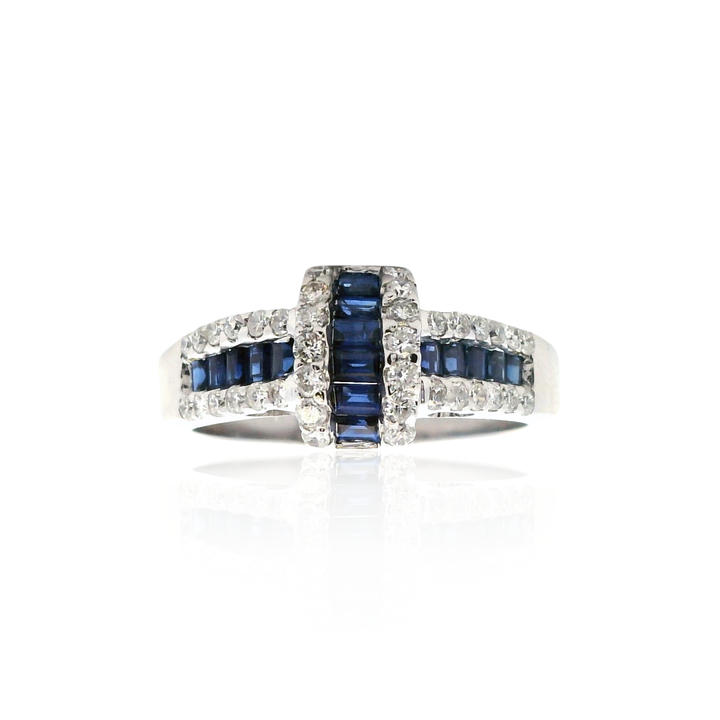 Estate 18K White Gold Baguette Blue Sapphire and Diamond Ring