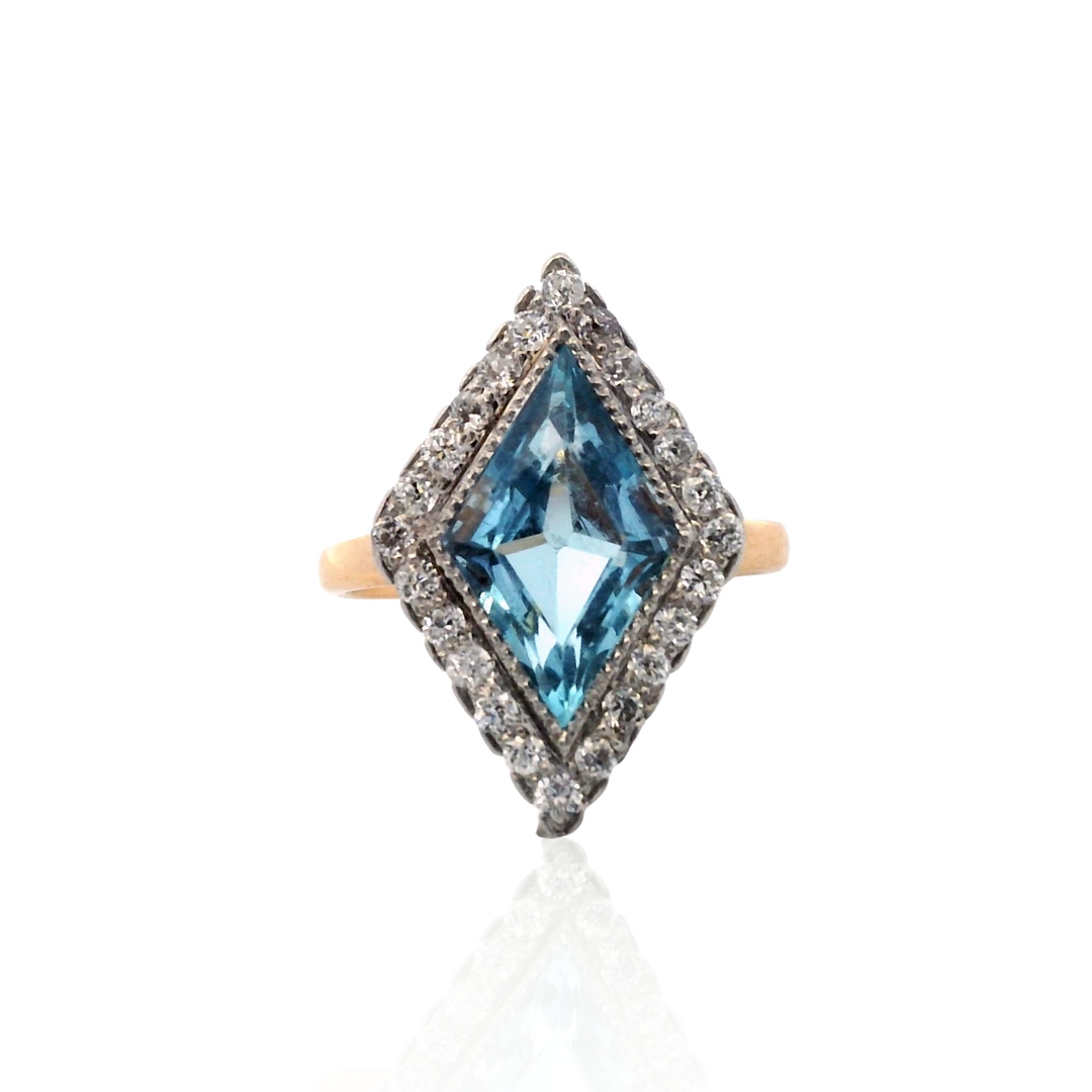 Estate 18K & Platinum Lozenge Aquamarine & Diamond Halo Edwardian Ring by Tiffany & Co.