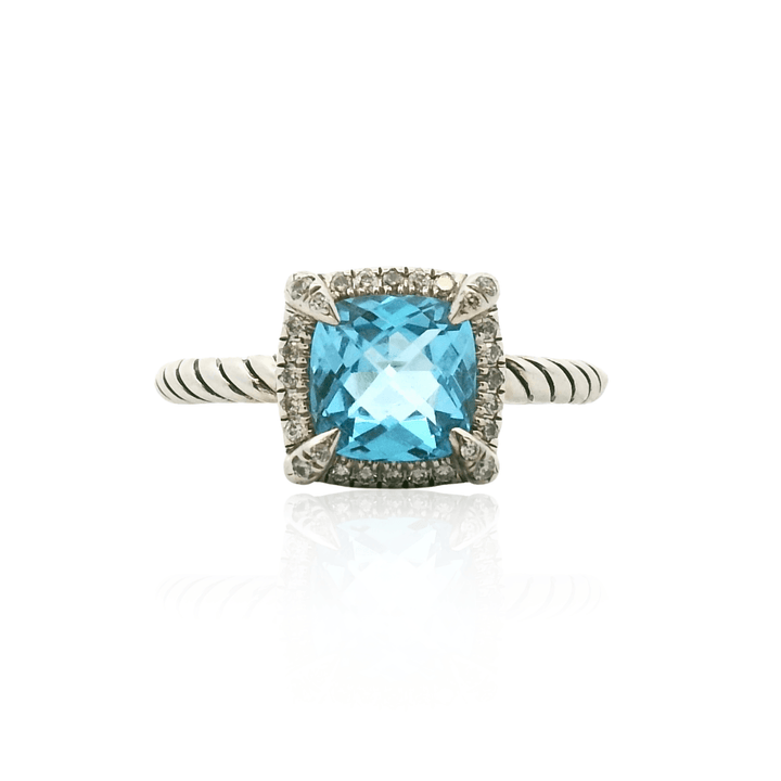 Estate Sterling Silver Petite Châtelaine Blue Topaz &  Diamond Halo Ring by David Yurman