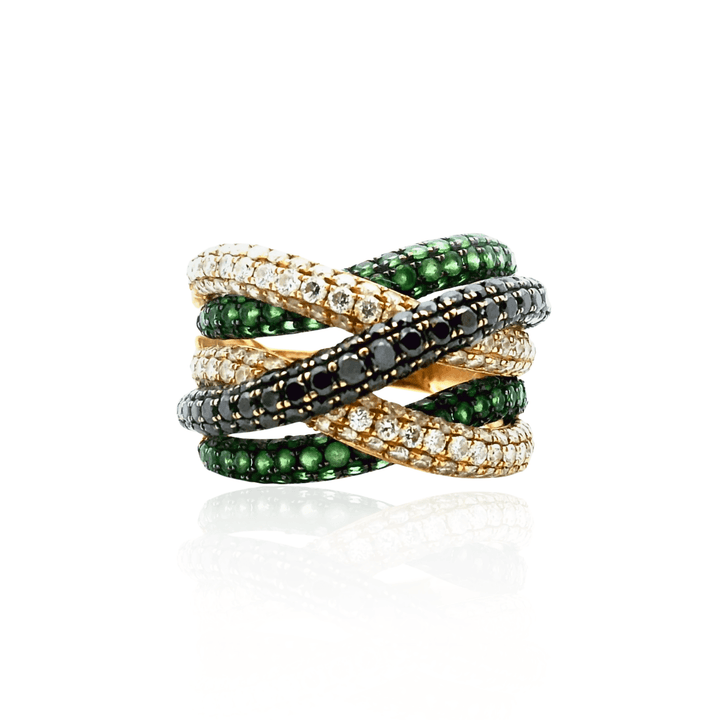 Estate 14K Yellow Gold Black & White Diamond & Tsavorite Garnet Pavé Crossover Ring