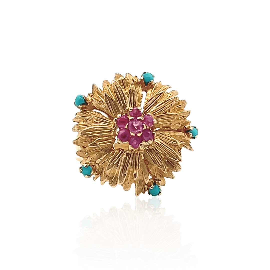 Estate 18K Yellow Gold Pink Sapphire & Turquoise Vintage Flower Motif Ring