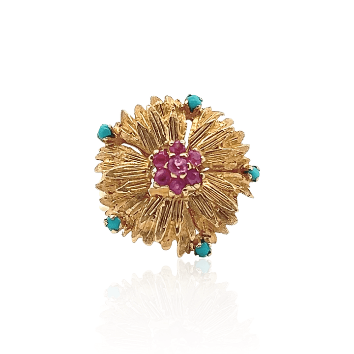 Estate 18K Yellow Gold Pink Sapphire & Turquoise Vintage Flower Motif Ring
