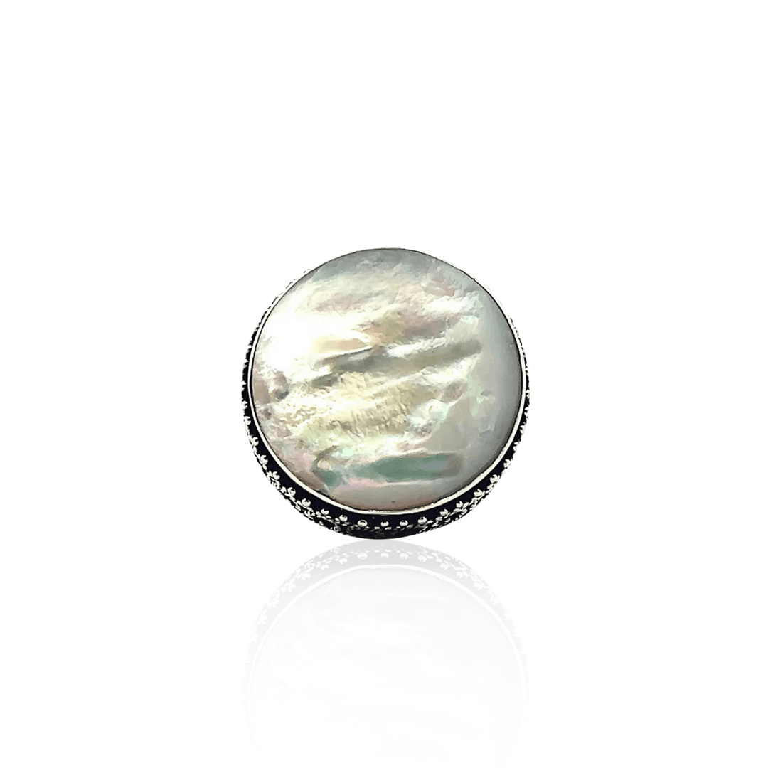 Estate Sterling Silver 20MM Round Cabochon Mother of Pearl Filigree Ring