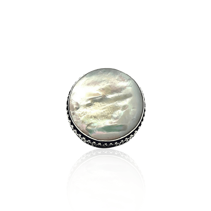 Estate Sterling Silver 20MM Round Cabochon Mother of Pearl Filigree Ring