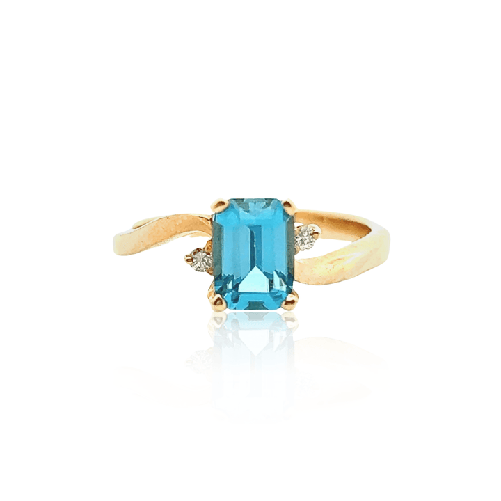 Estate 14K Yellow Gold Emerald-Cut Blue Topaz & Diamond Bypass Ring