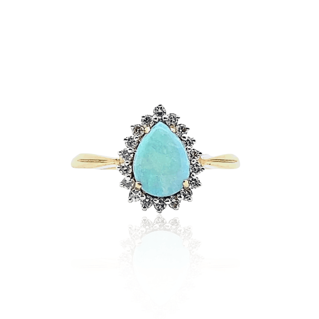 Estate 14K Yellow Gold Pear Cabochon Opal & Diamond Halo Ring