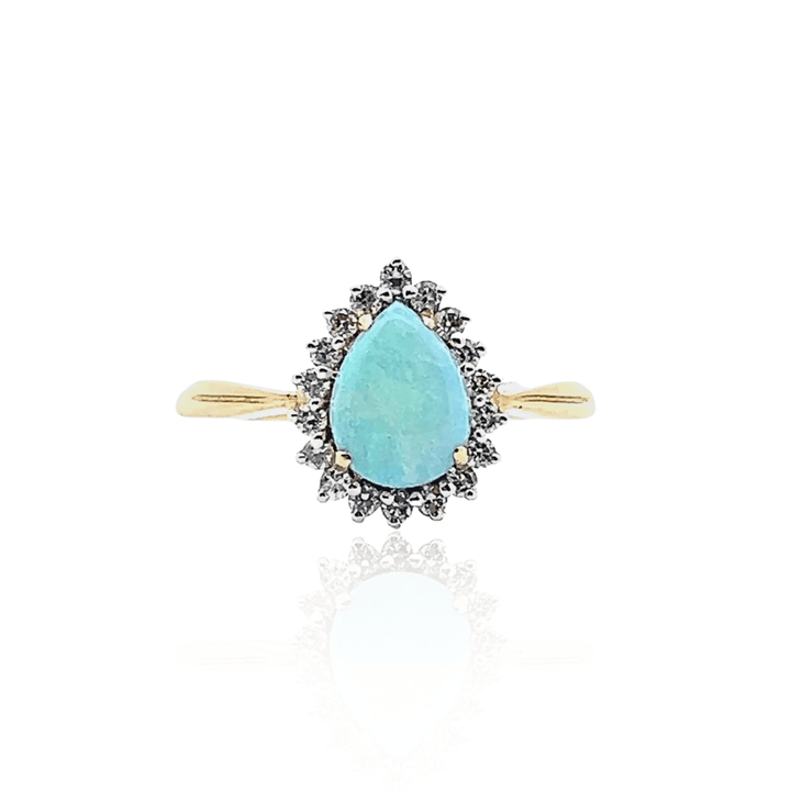 Estate 14K Yellow Gold Pear Cabochon Opal & Diamond Halo Ring
