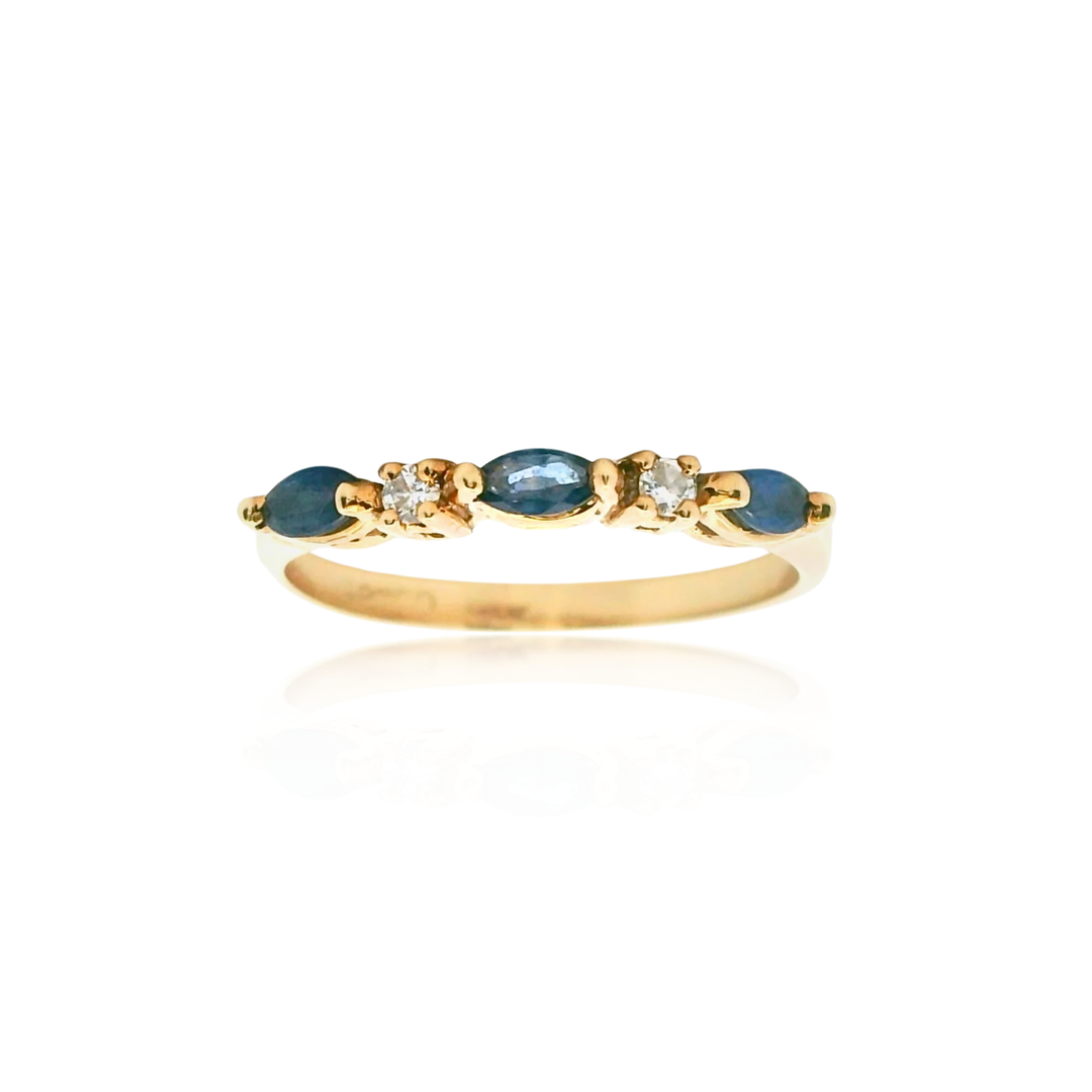 Estate 14K Yellow Gold Marquise Blue Sapphire & Diamond Band Ring