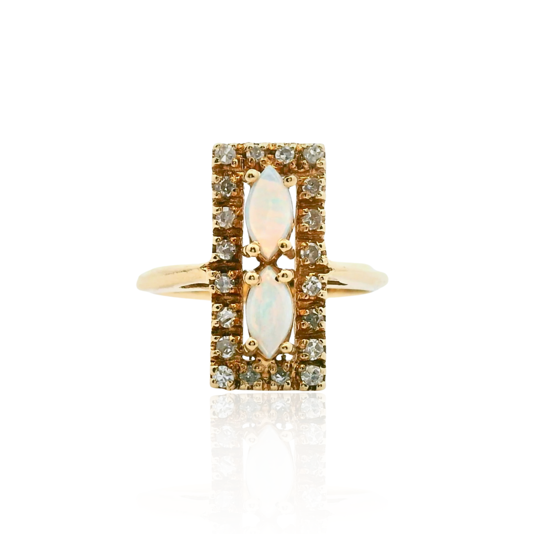 Estate 14K Yellow Gold Marquise Opal & Diamond Rectangular Halo Ring