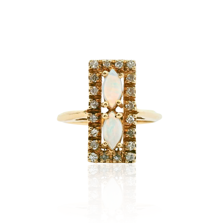 Estate 14K Yellow Gold Marquise Opal & Diamond Rectangular Halo Ring