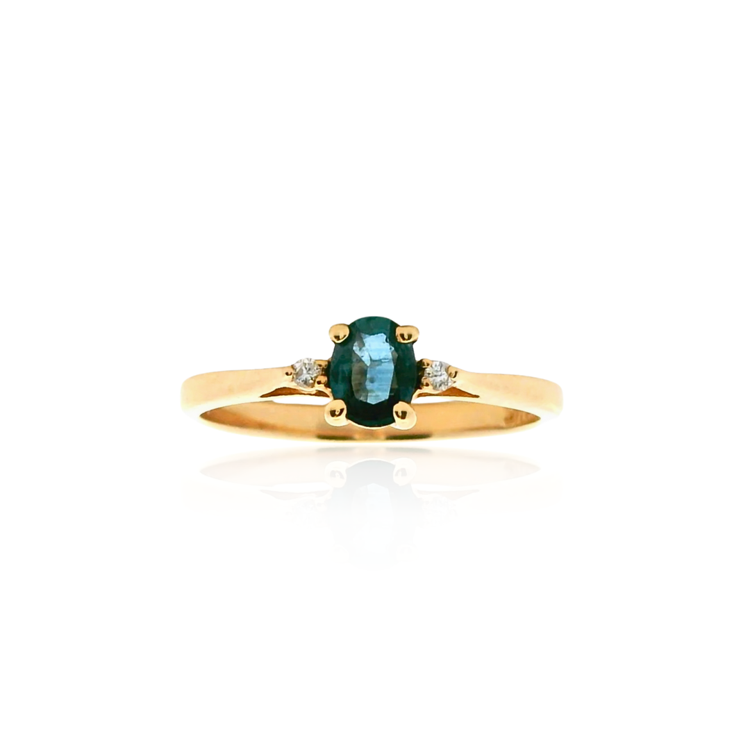 Estate 14K Yellow Gold Oval Blue Sapphire & Diamond Three-Stone Ring