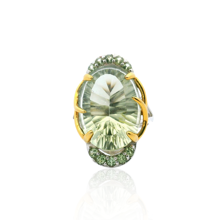 Estate Sterling Silver & 18K Gold Plated Fantasy Cut Prasiolite & Green Sapphire Ring