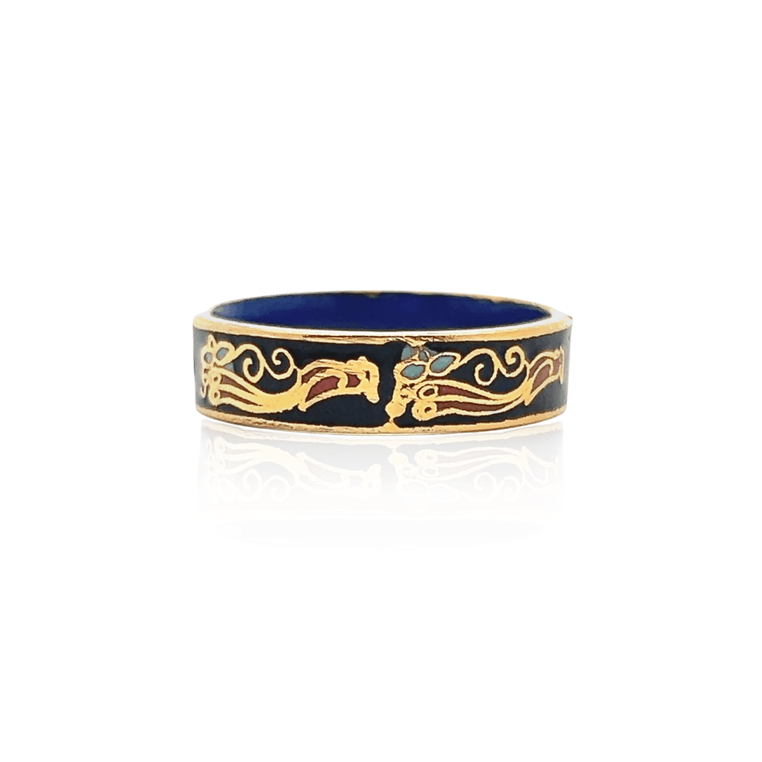 Estate 1970s Gold Tone Black & Multicolor Enamel Bird & Flower Ring
