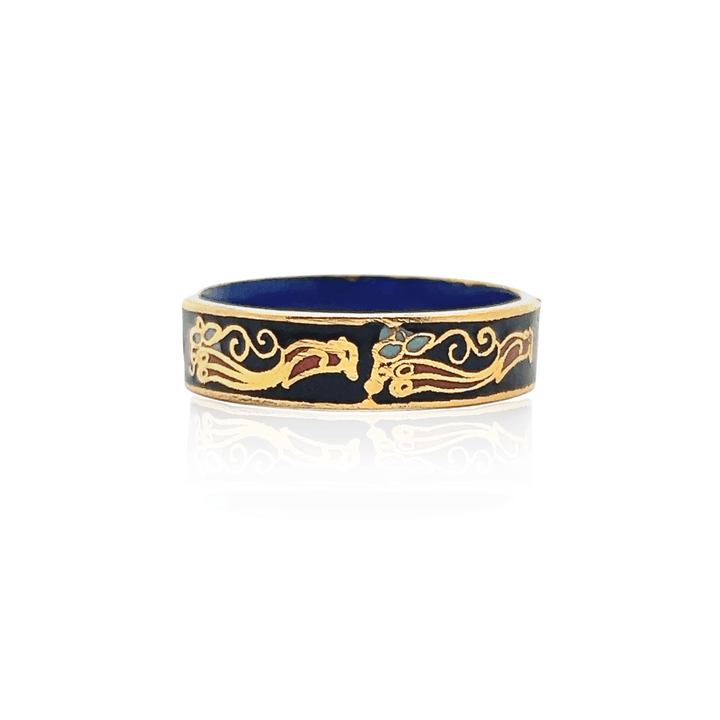 Estate 1970s Gold Tone Black & Multicolor Enamel Bird & Flower Ring