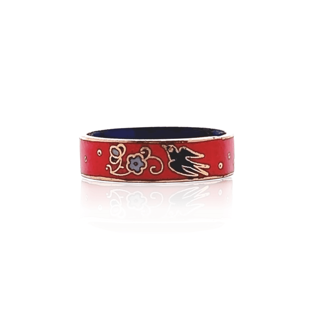 Estate 1970s Gold Tone Orange & Multicolor Enamel Bird & Flower Ring