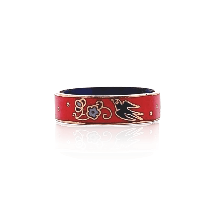 Estate 1970s Gold Tone Orange & Multicolor Enamel Bird & Flower Ring