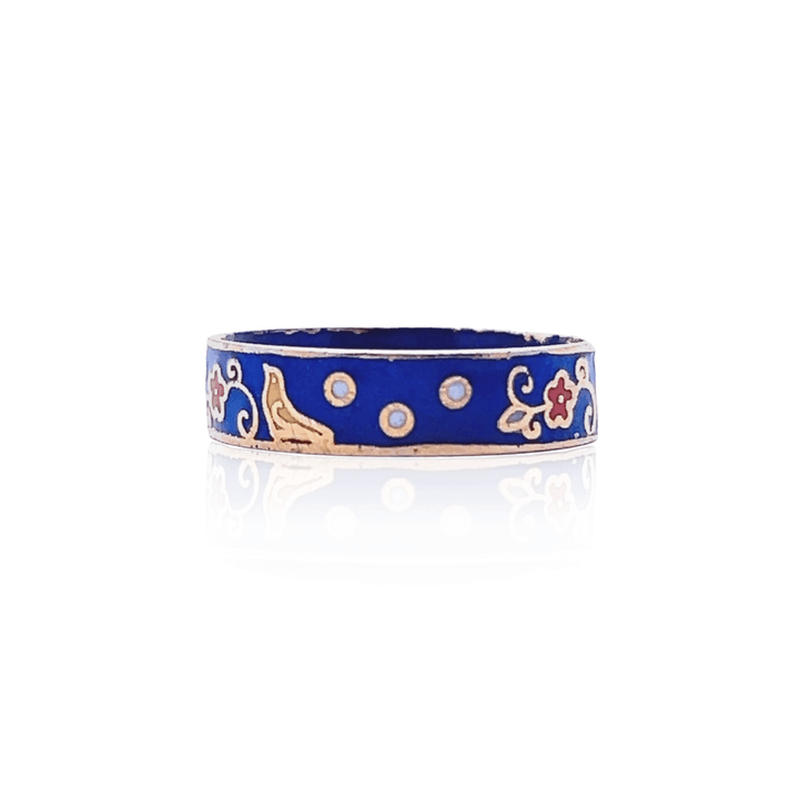 Estate 1970s Gold Tone Blue & Multicolor Enamel Bird & Flower Ring