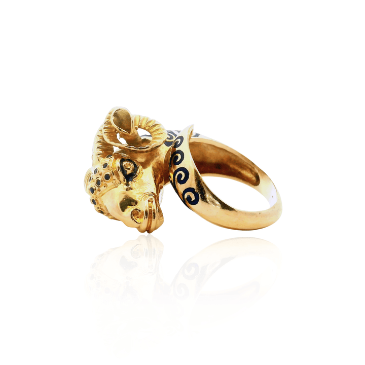 Estate Circa 1960s-1970s 18K Yellow Gold Blue Enamel Ram's Head Bypass Ring