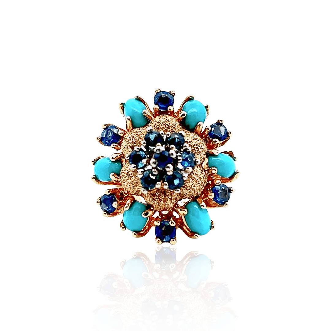 Estate Mid-Century 14K Yellow Gold Blue Sapphire & Turquoise Cluster Floral Ring