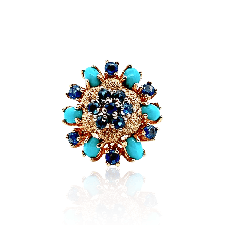Estate Mid-Century 14K Yellow Gold Blue Sapphire & Turquoise Cluster Floral Ring