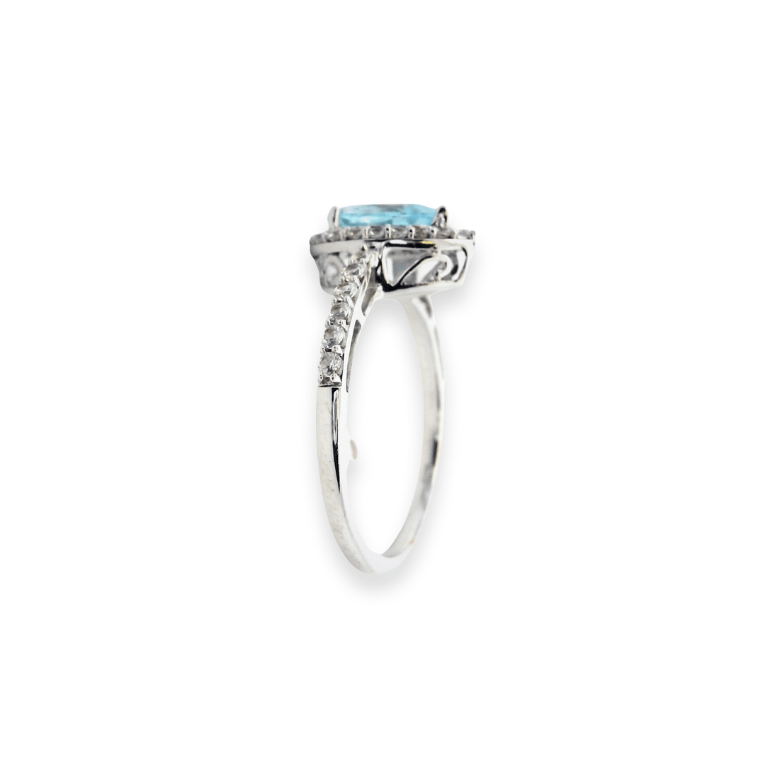 Estate Sterling Silver 1.05CTW Pear-Shaped Blue Topaz & Cubic ZIrconia Halo Ring